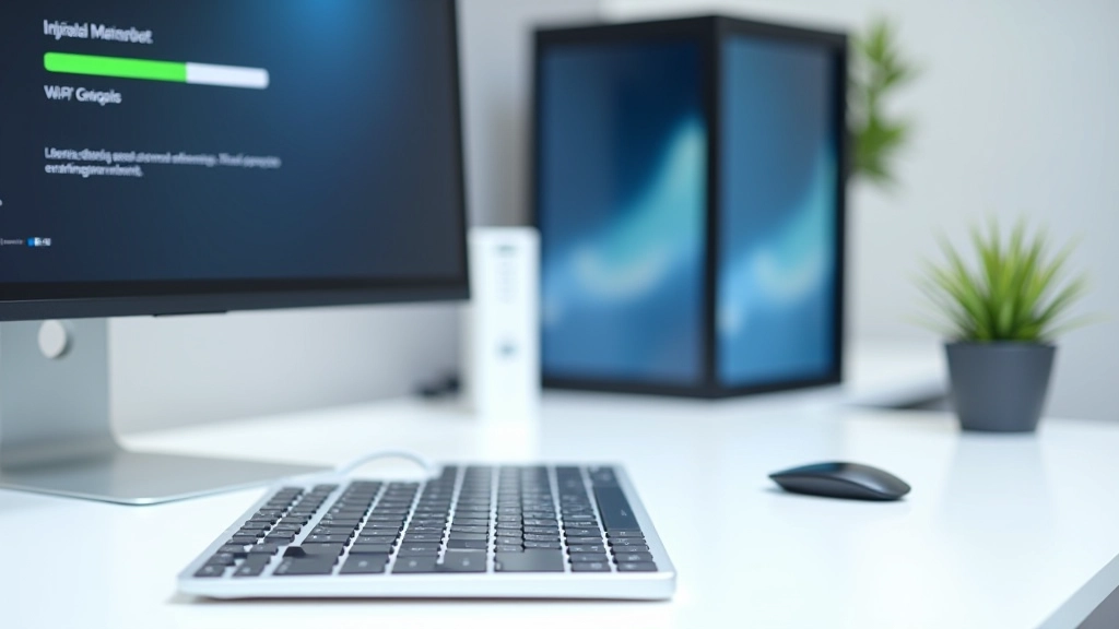 Teclado e mouse ao lado de um monitor mostrando configurações de segurança Wi-Fi do roteador