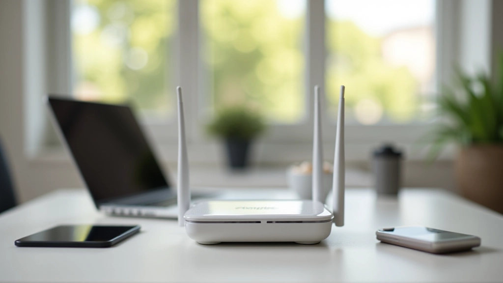 Roteador Wi-Fi moderno em ambiente de sala de estar com notebooks e dispositivos conectados