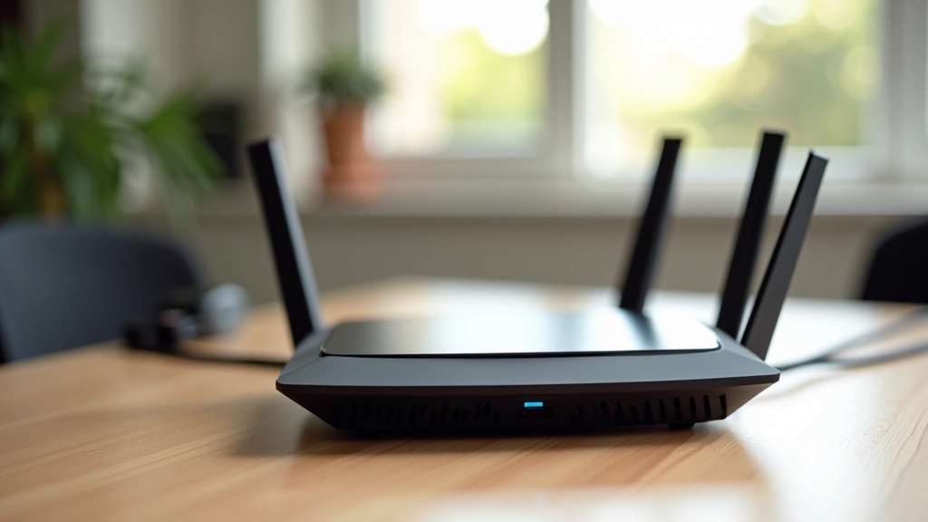 Roteador Wi-Fi moderno sobre uma mesa de escritório com cables de rede